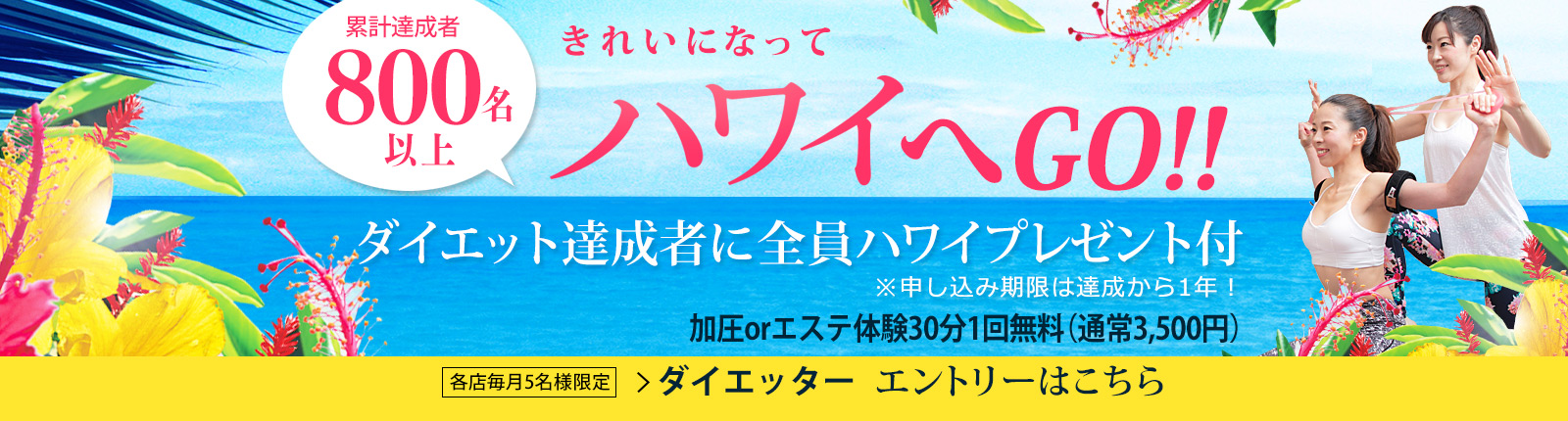 期間内に目標減量達成でハワイ旅行等豪華プレゼント付